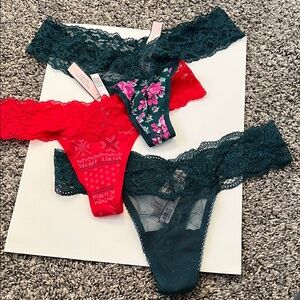 3 Victoria's Secret Lace Panty Trio - Red, Green, Floral